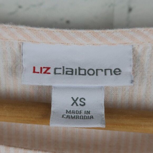 LIZ CLAIBORNE PEACH & WHITE STRIPE ROUND NECK SHORT SLEEVE LINEN COTTON TOP XS - Picture 2 of 7